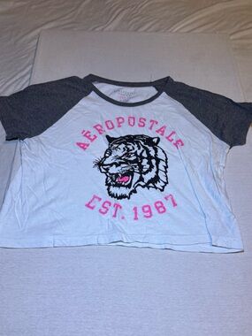 Aeropostale White Tee with Charcoal Raglan Sleeves and Pink Tiger Graphic